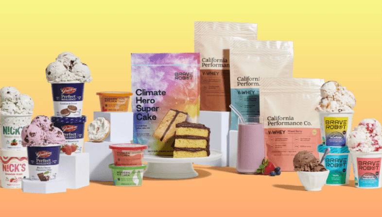 A spread of products made with Perfect Day's animal-free whey protein, including the following brands from left to right: N!CK'S ice cream, Graeter's Perfect Indulgence ice cream, Modern Kitchen cream cheese, Brave Robot's Climate Hero Super Cake cake mix, California Performance Co.'s V-Whey protein powder, and Brave Robot ice cream.