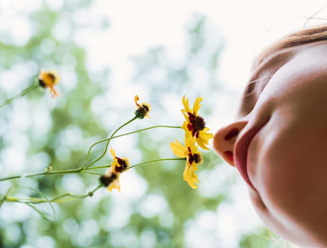 child smelling yellow flowers