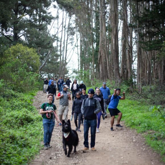 Group of people walking on a trail in the forest